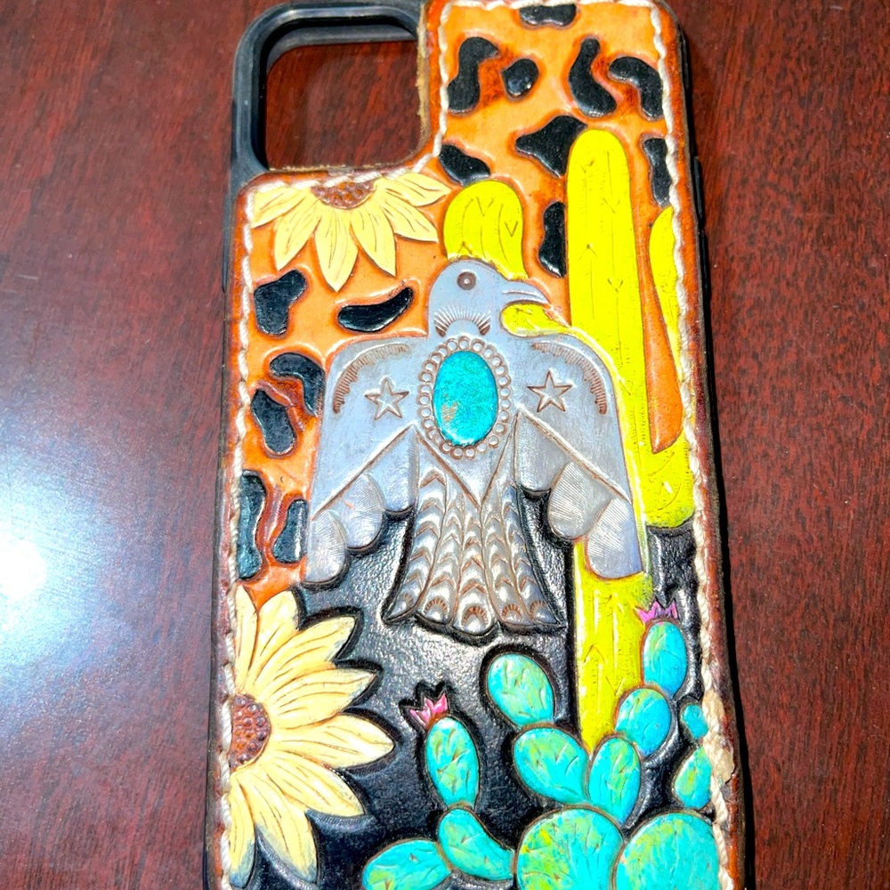 iPhone 11+ hand tooled leather case